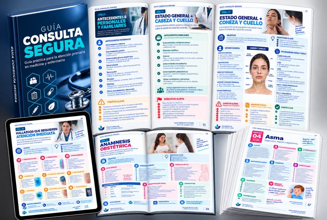 Guía Consulta Segura en formato libro, abierta mostrando las fichas de Red Flags, Diabetes Mellitus, Exploración Física y SOAP