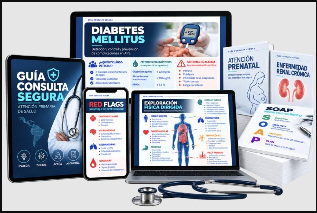 Guía Consulta Segura en laptop, tablet y celular, mostrando fichas de Diabetes Mellitus, Red Flags y Exploración Física